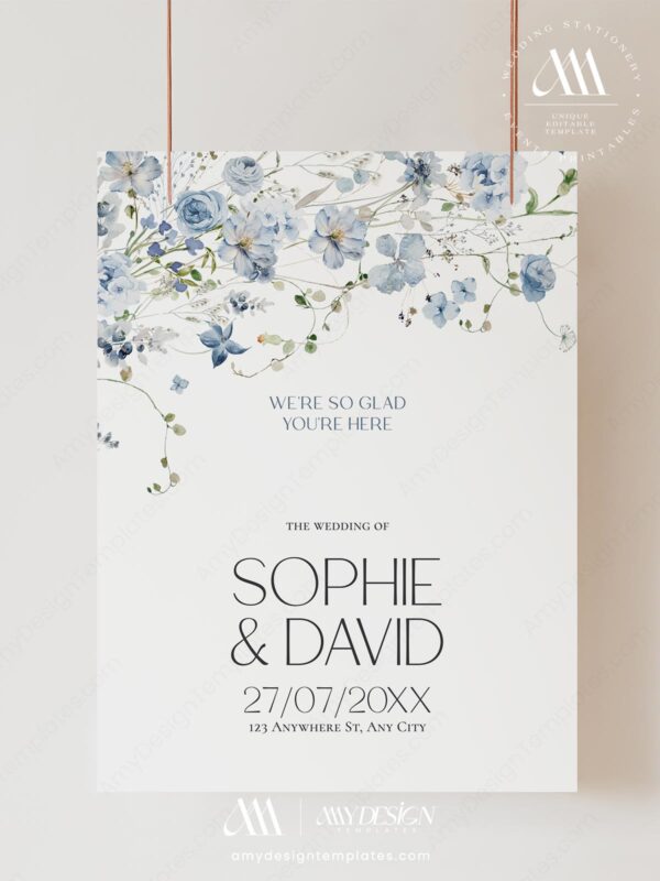 Blue Wildflower Wedding Welcome Sign Template | Welcome To Our Wedding