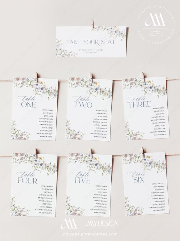 Wildflower Wedding Seating Chart Template Printable | Table Number Seating Card
