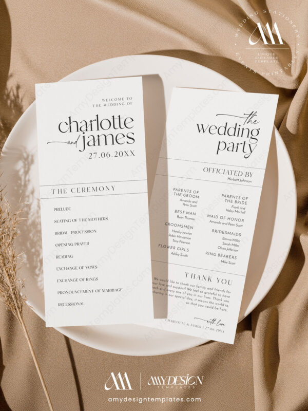 Modern Minimalist Wedding Invitation Template Catholic Wedding Program Template | Modern Minimalist Wedding Programs | Wedding Ceremony Timeline