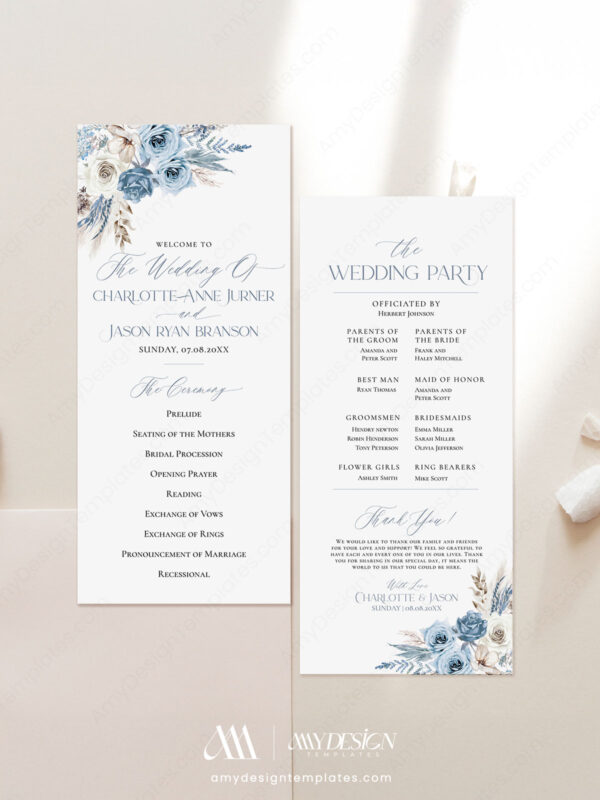 Alternative view of Blue Wedding Ceremony Program Template | Boho Wedding Ceremony Timeline | Order Of Service Card