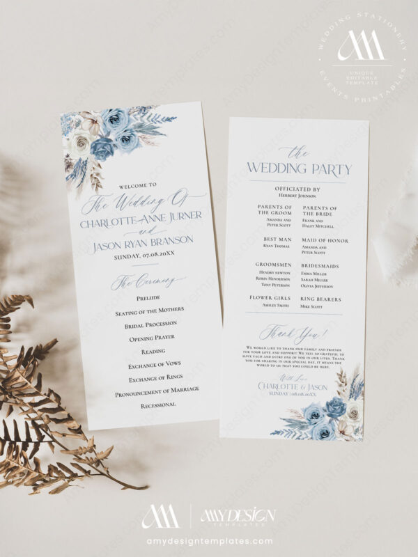 Blue Bohemian Reception Signage Printable | DIY Wedding Signs Bundle Templates Blue Wedding Ceremony Program Template | Boho Wedding Ceremony Timeline | Order Of Service Card