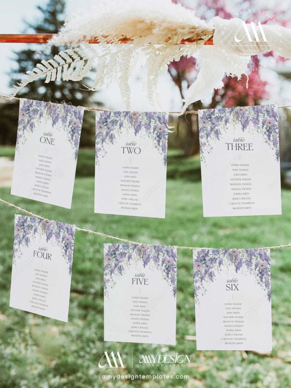 Wisteria Seating Chart Cards Template | Table Seating Chart | Purple Wedding Seating Plan