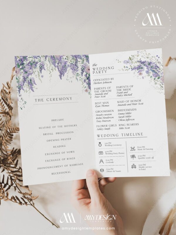 Wisteria Wedding Program Template | Catholic Wedding Program Template | Purple Wedding Theme