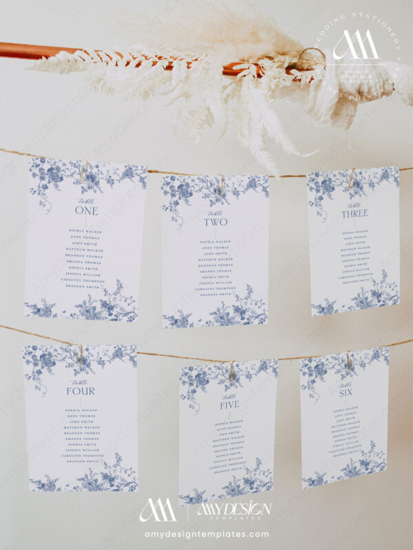 Monogram Wedding Sign Template Bundle | Blue French Toile Reception Signs Printable Minimalist Signature Drink Menu Template - Seating Chart Cards