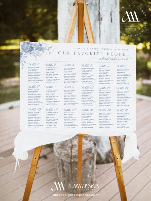 Alternative view of Monogram Wedding Seating Sign Template | Blue Seating Chart Signage Printable