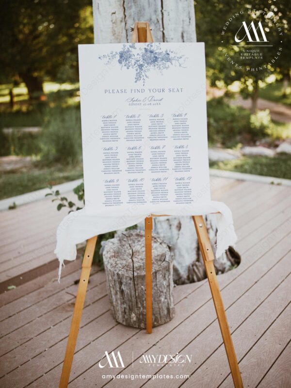 Monogram Wedding Sign Template Bundle | Blue French Toile Reception Signs Printable Minimalist Signature Drink Menu Template - Seating Chart Sign