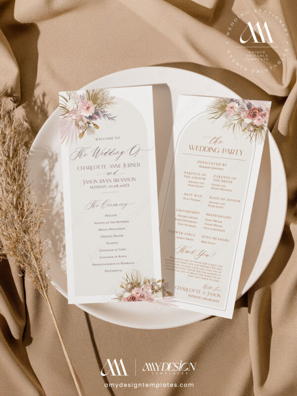 Pink Bohemian Signage Template | Printable Wedding Sign Bundle Pink Bohemian Wedding Program Template | Catholic Church Wedding Program Template