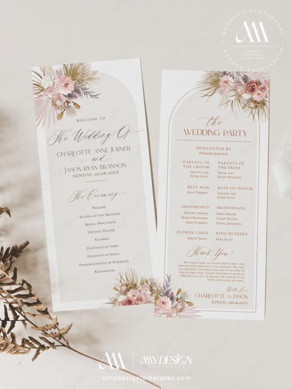 Alternative view of Pink Bohemian Wedding Program Template | Catholic Church Wedding Program Template