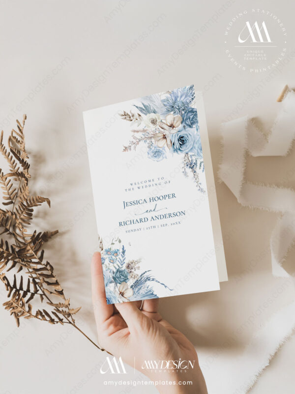 Boho Blue Wedding Signage Templates Bundle | Blue Wedding Reception Signs Printable Blue Wedding Programs Template Printable | Wedding Ceremony Timeline | Ceremony Program Template