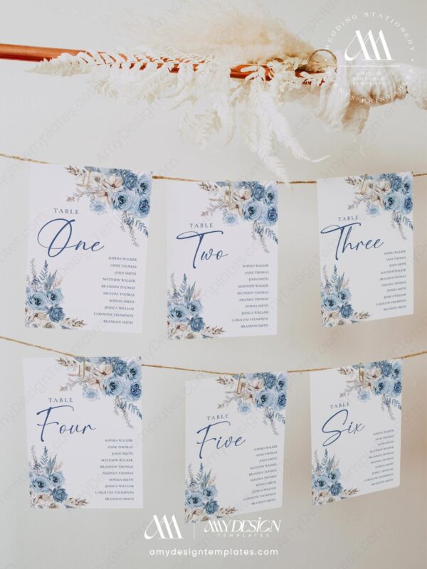 Blue Wedding Seating Chart Cards Template | Dusty Blue Boho Wedding