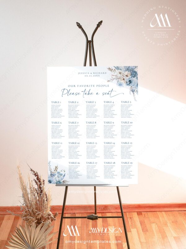 Blue Wedding Signage Template Printable | Editable Table Seating Chart Template