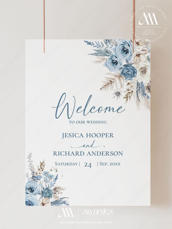 6+ Free Printable Wedding Sign Templates: Welcome Your Guests in Style! D018 Welcome Sign Dusty Blue Boho Wedding Signage Template 3