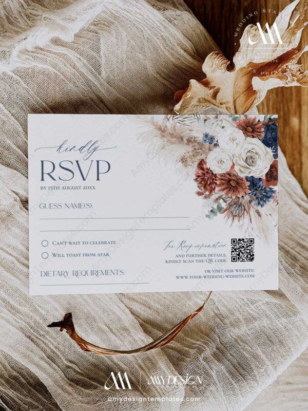 Boho Navy Rust Wedding RSVP Template | QR Code Response Card