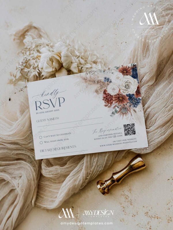 Alternative view of Boho Navy Rust Wedding RSVP Template | QR Code Response Card