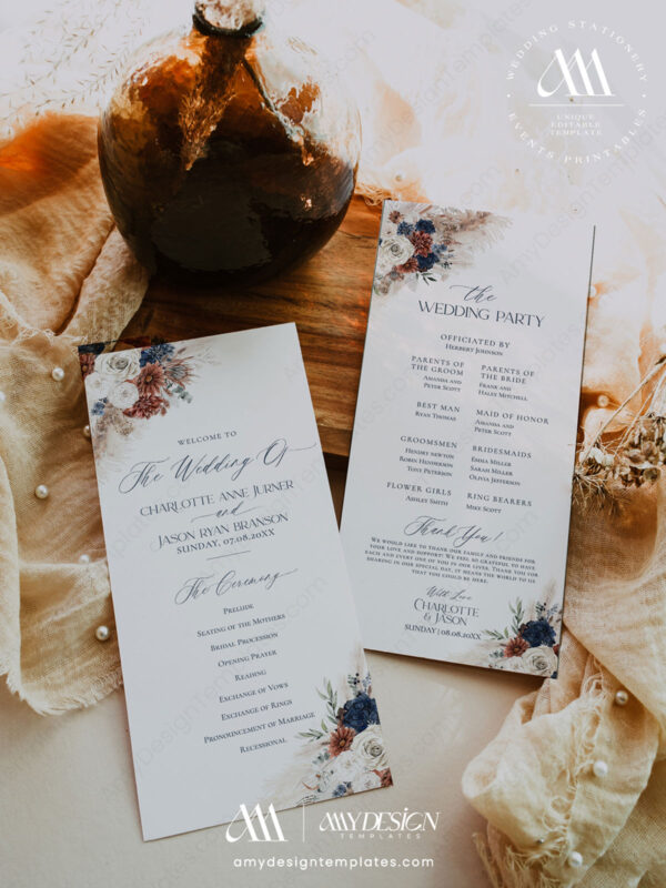 Navy Blue Rust Wedding Signs Templates | Bohemian Terracotta Wedding Signage Bundles Programs For Wedding Ceremony Template Navy Blue Rust Wedding | Catholic Church Wedding Program