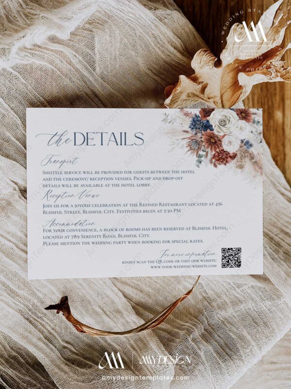 Boho Navy Blue and Rust Wedding Details Card Template | Wedding Enclosure Card Printable