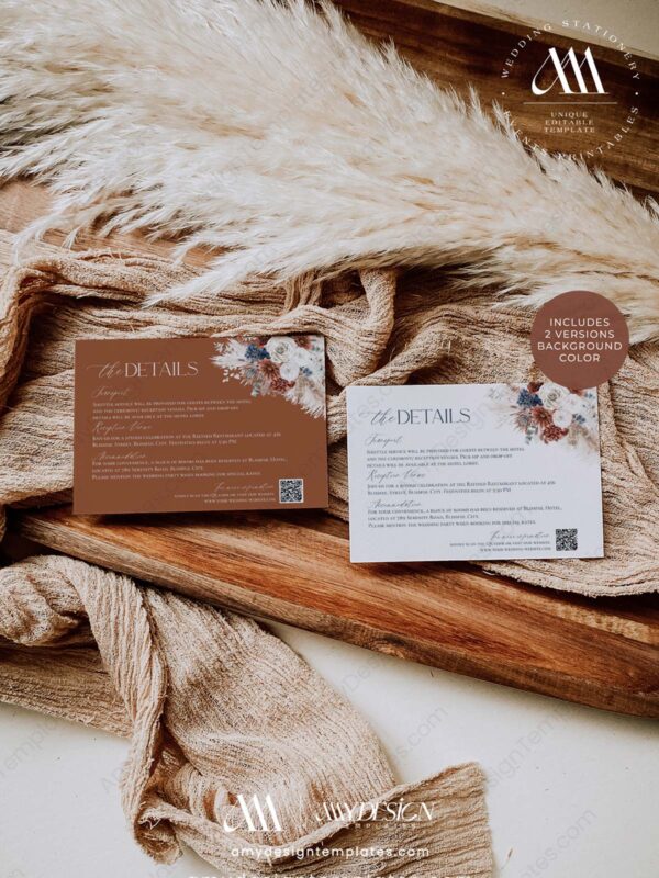 Alternative view of Boho Navy Blue and Rust Wedding Details Card Template | Wedding Enclosure Card Printable