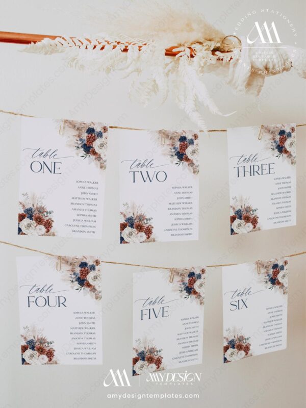 Alternative view of Navy Blue Rust Wedding Seating Chart Card | Table Plan Template | Boho Seating Chart Template