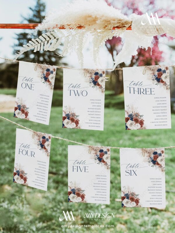 Navy Blue Rust Wedding Signs Templates | Bohemian Terracotta Wedding Signage Bundles Navy Blue Rust Wedding Signs Templates - Seating Chart Cards