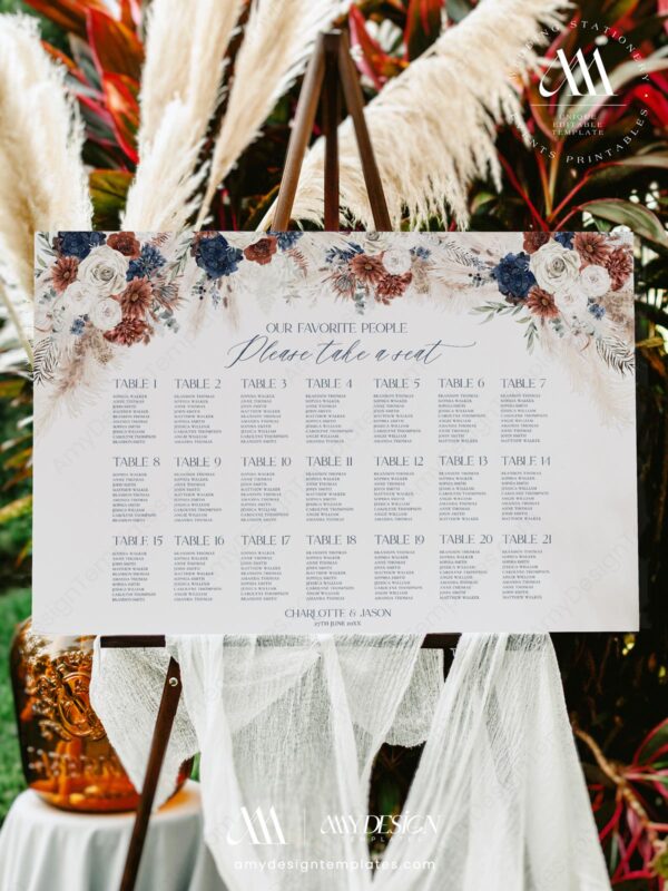 Alternative view of Terracotta Navy Seating Chart Template Wedding | Boho Seating Signage Template