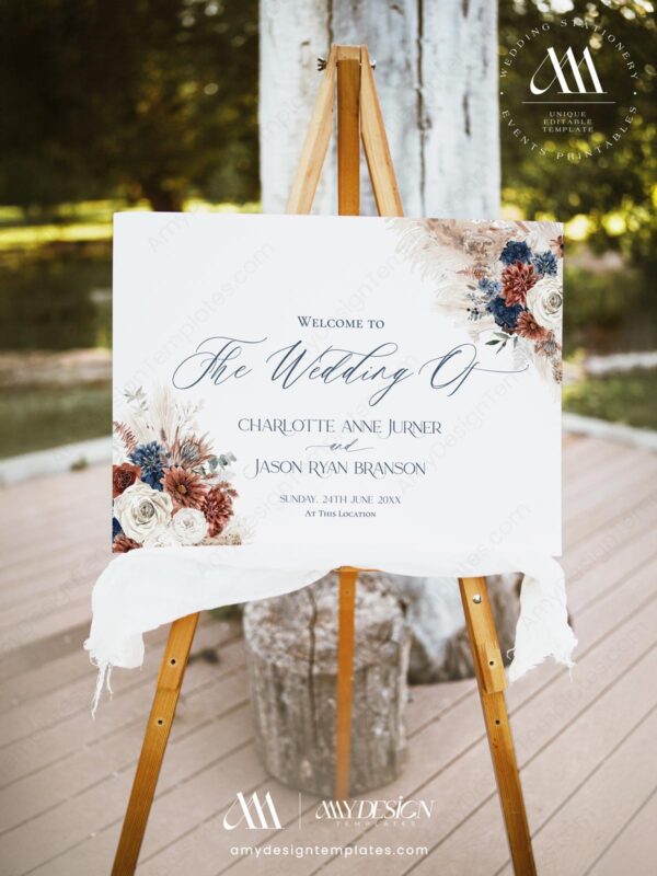 Alternative view of Navy Rust Wedding Welcome Sign Template | Boho Wedding Reception Sign Printable