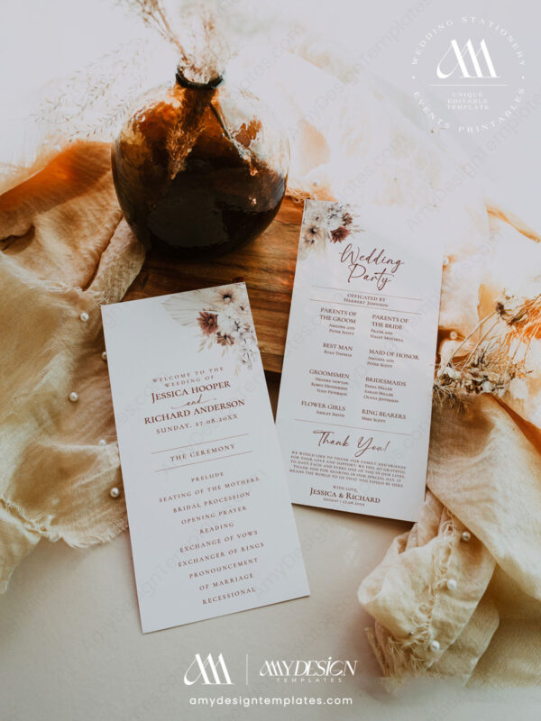 Boho Terracotta Wedding Invitation Bundles | Bohemian Wedding Template Bundle Boho Terracotta Wedding Invitation Bundles | Boho Terracotta Wedding Ceremony Program Template