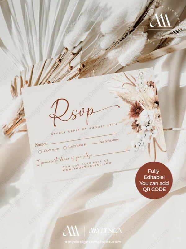 Alternative view of Boho Terracotta Wedding RSVP Card Template | Response Card Printable