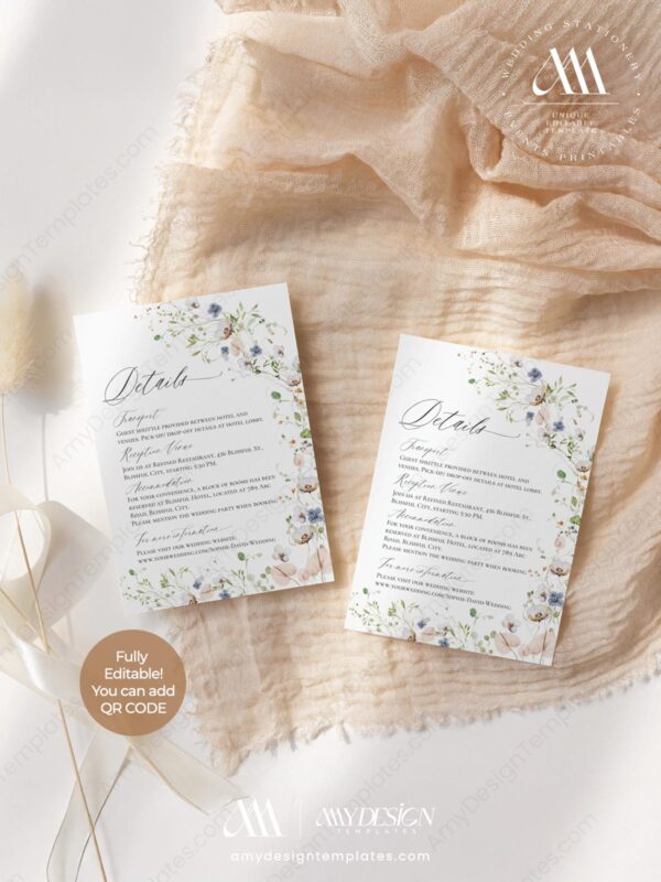 Floral Wedding Enclosure Card Template Editable | Wedding Invitation Insert | Accommodation Card