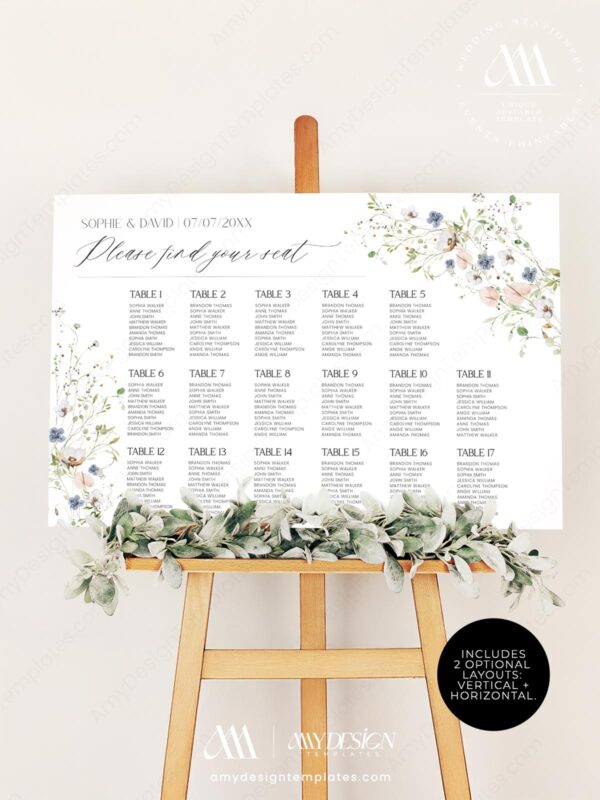 Wildflower Seating Signage Wedding Template | Botanical Seating Chart Template