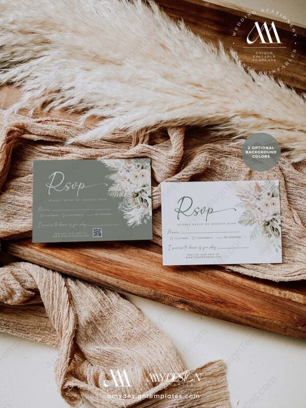 Boho Greenery RSVP Cards Template | Reply Card | QR Code Response Card