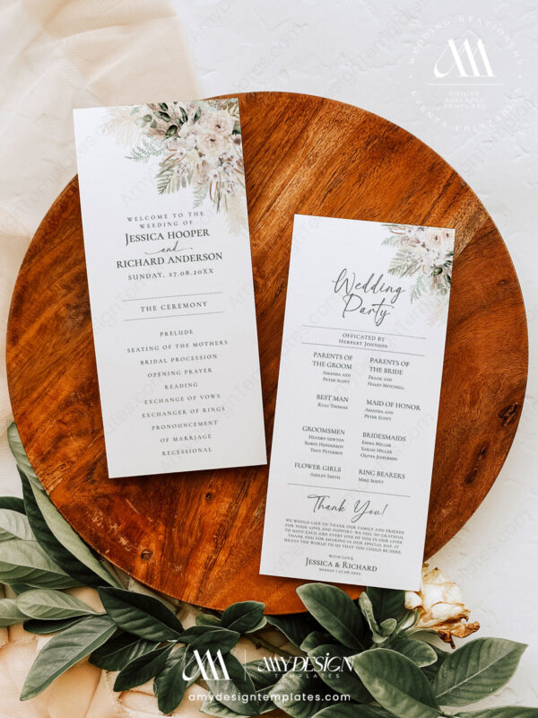 Boho Greenery Wedding Ceremony Program Template | Catholic Ceremony