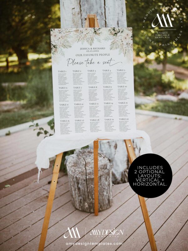 Boho Greenery Wedding Seating Chart Template | DIY Wedding Sign Printable
