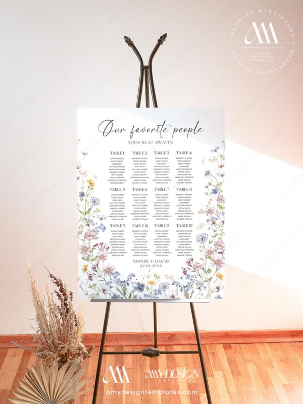 Boho Wildflower Seating Chart Template Wedding | Editable Table Seating Chart Template