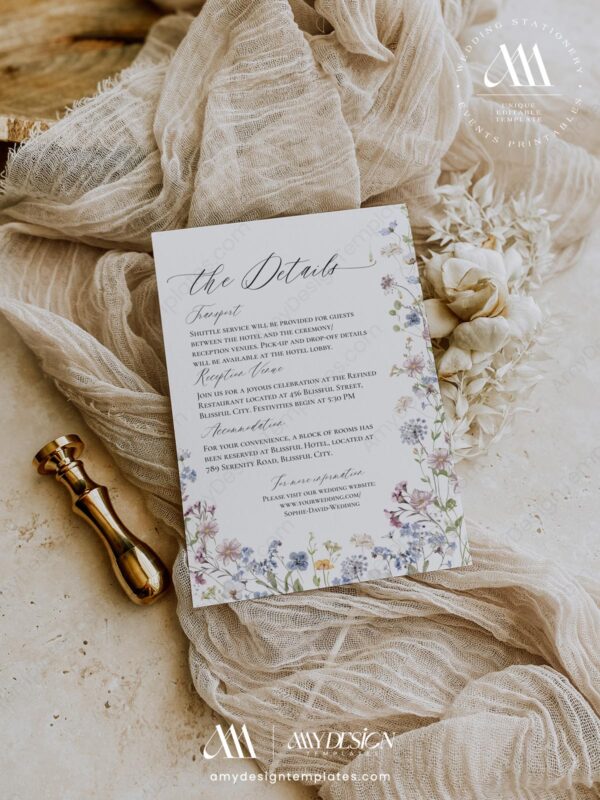 Wildflower Wedding Enclosure Card Template Editable | Insert Card | Details Card Printable