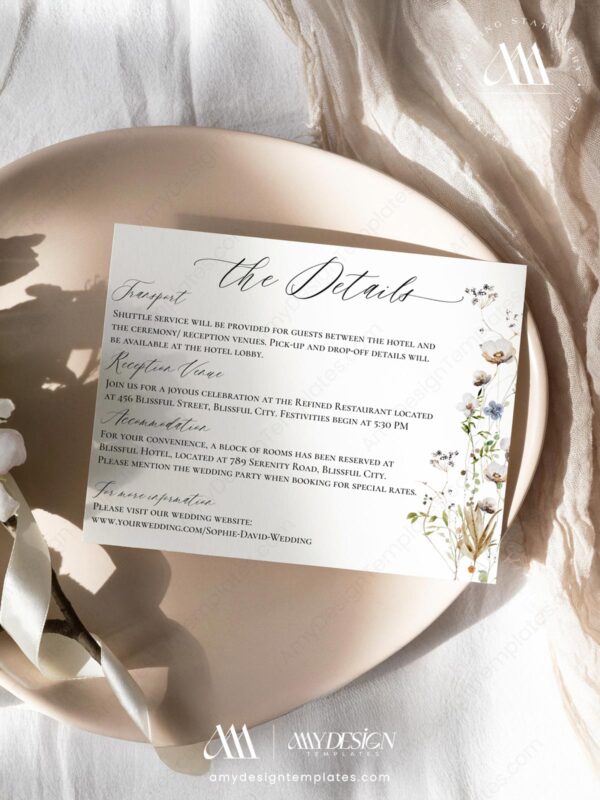 Alternative view of Wildflower Wedding Enclosure Card Template Editable | Wedding Invitation Insert | Detail Card Template