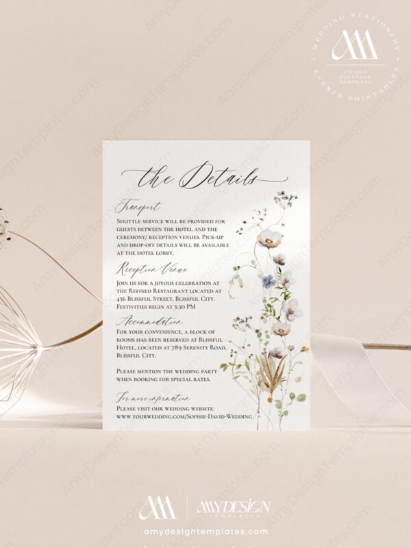 Wildflower Wedding Enclosure Card Template Editable | Wedding Invitation Insert | Detail Card Template