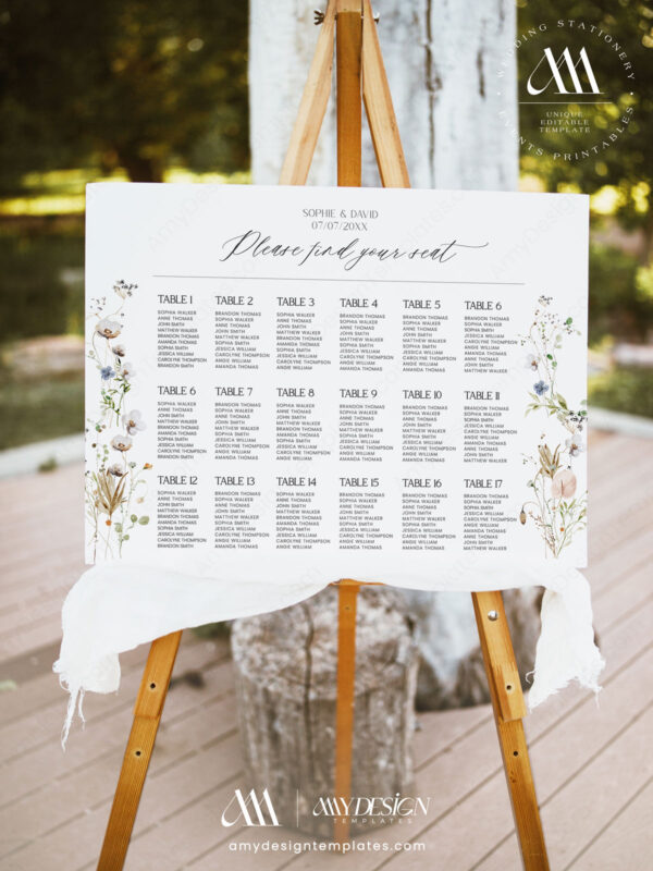 Minimal Seating Chart Template Printable | Wildflower Wedding Seating Signage