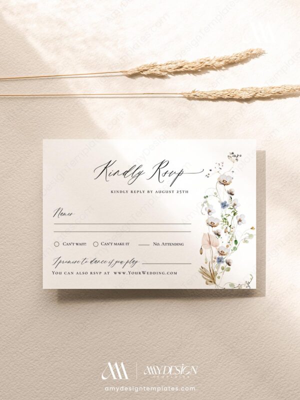 Wildflower Wedding RSVP Card Template | Minimalist Wedding Reply Card