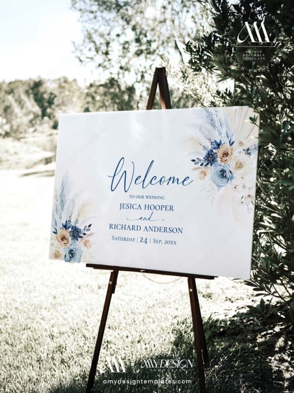 Blue Wedding Signage Bundle Template | Bohemian Reception Sign Wedding Editable Blue Wedding Signage Bundle Template - Welcome Sign