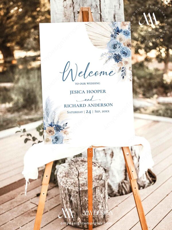 Blue Wedding Signage Bundle Template | Bohemian Reception Sign Wedding Editable Blue Wedding Signage Bundle Template - Welcome Sign
