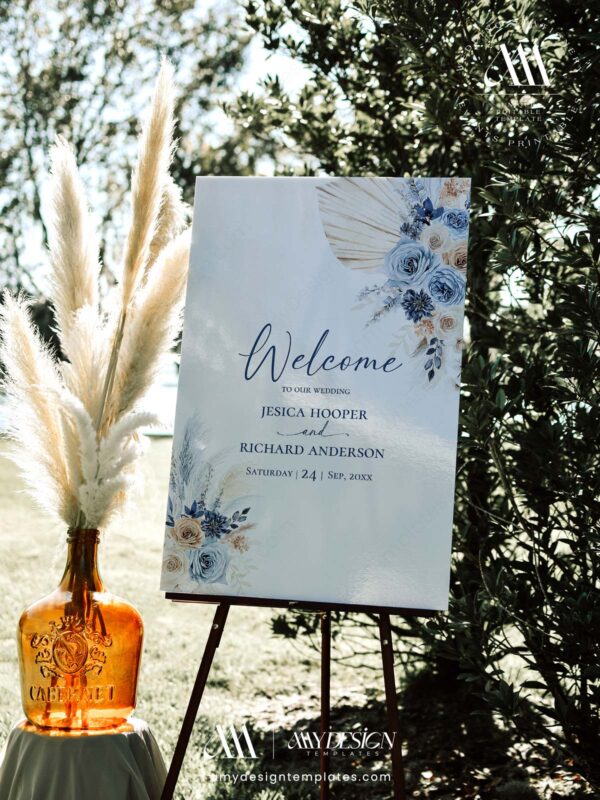 Alternative view of Blue Wedding Signage Template | Welcome To Our Wedding | Boho Rustic Pampas