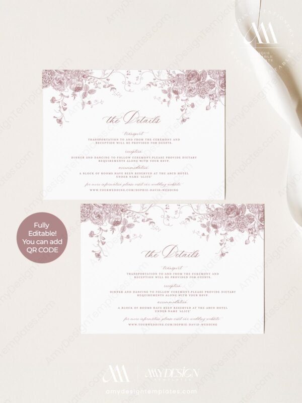 Minimalist Enclosure Card Template | Editable Printable Insert Card | Wedding Details Card | Vintage Pink Floral Minimalist Enclosure Card Template D031-03