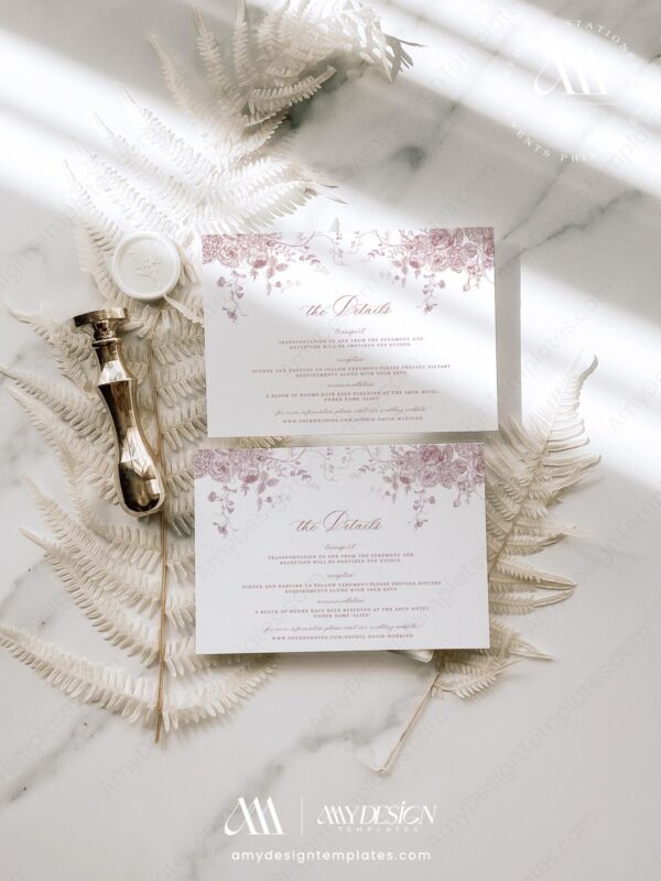 Minimalist Enclosure Card Template | Editable Printable Insert Card | Wedding Details Card | Vintage Pink Floral Minimalist Enclosure Card Template D031-03