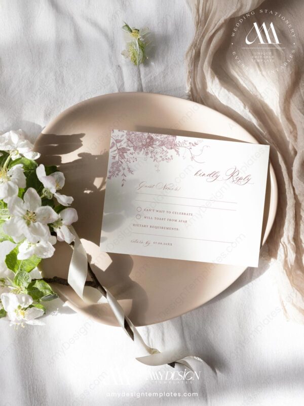 Alternative view of Vintage Pink Wedding RSVP Template | Wedding Response Card | Elegant Script Response Insert Card