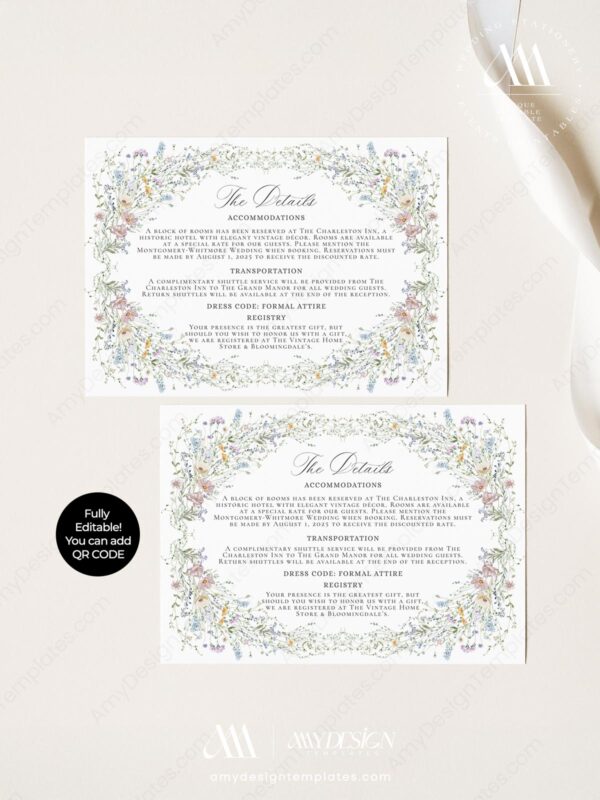 Vintage Wildflower Wedding Enclosure Card Template D033-03