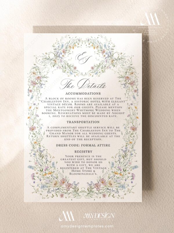 Vintage Wildflower Wedding Enclosure Card Template | Details Insert Card | Printable Wedding Info Card Vintage Wildflower Wedding Enclosure Card Template D033-03
