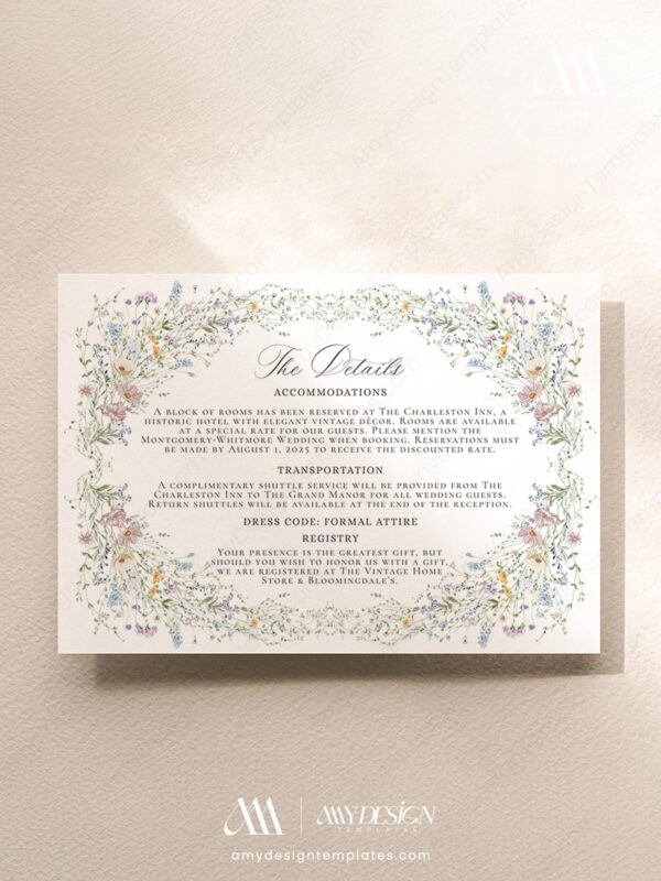 Vintage Wildflower Wedding Enclosure Card Template D033-03
