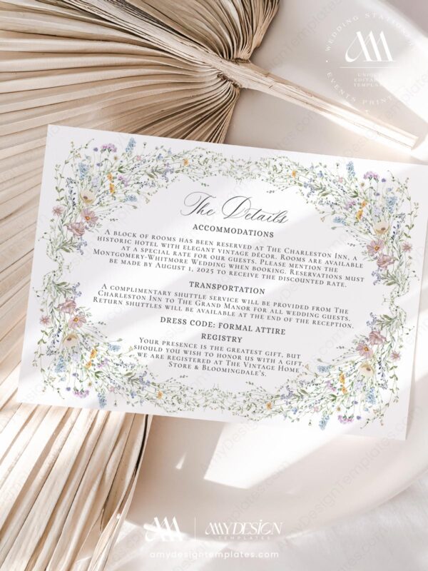 Vintage Wildflower Wedding Enclosure Card Template | Details Insert Card | Printable Wedding Info Card Vintage Wildflower Wedding Enclosure Card Template D033-03