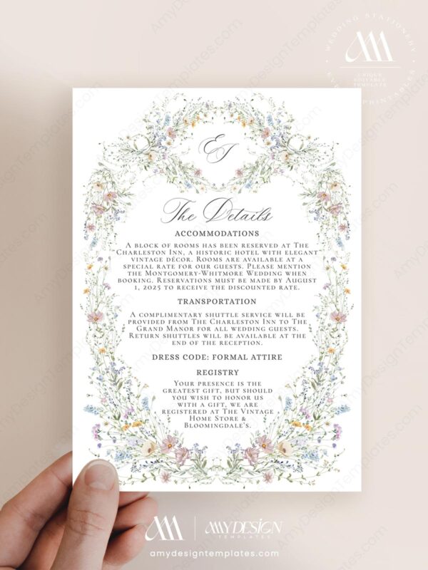 Vintage Wildflower Wedding Enclosure Card Template | Details Insert Card | Printable Wedding Info Card Vintage Wildflower Wedding Enclosure Card Template D033-03