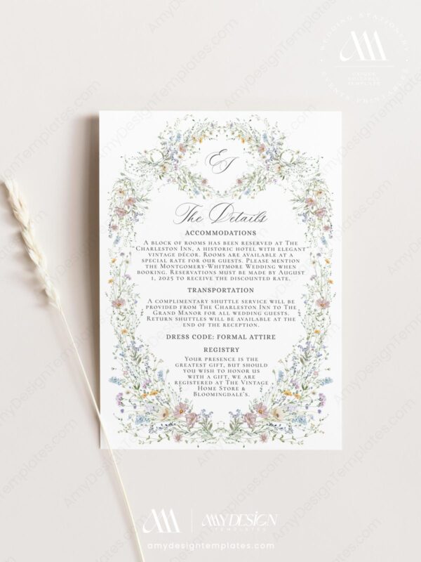 Vintage Wildflower Wedding Enclosure Card Template | Details Insert Card | Printable Wedding Info Card Vintage Wildflower Wedding Enclosure Card Template D033-03